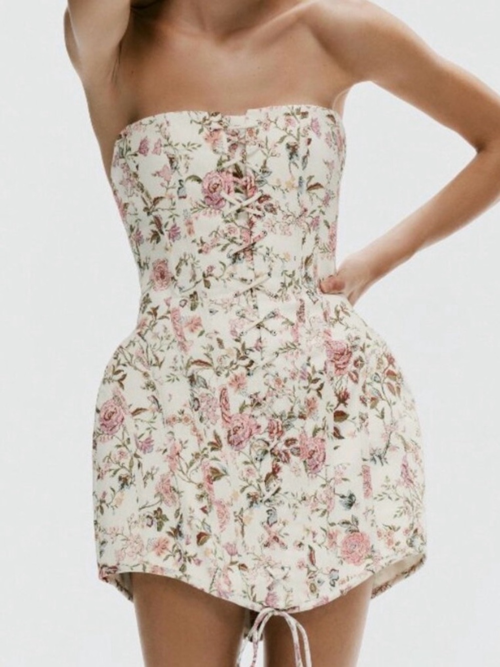 Zara Strapless Floral Corset Mini Dress in Cream and Pink